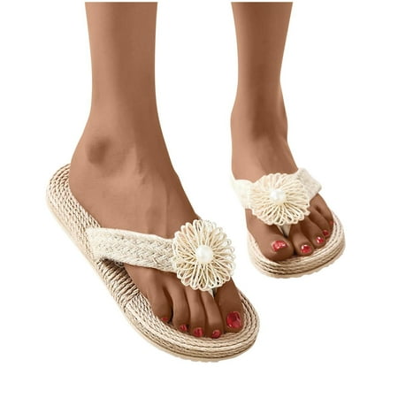 

Cute Women Beach Sandals Shoes Summer Floral Flip Flops Thongs Slippers Sandals Imitation Hemp Rope Travel Flip-flops Flat-bottom