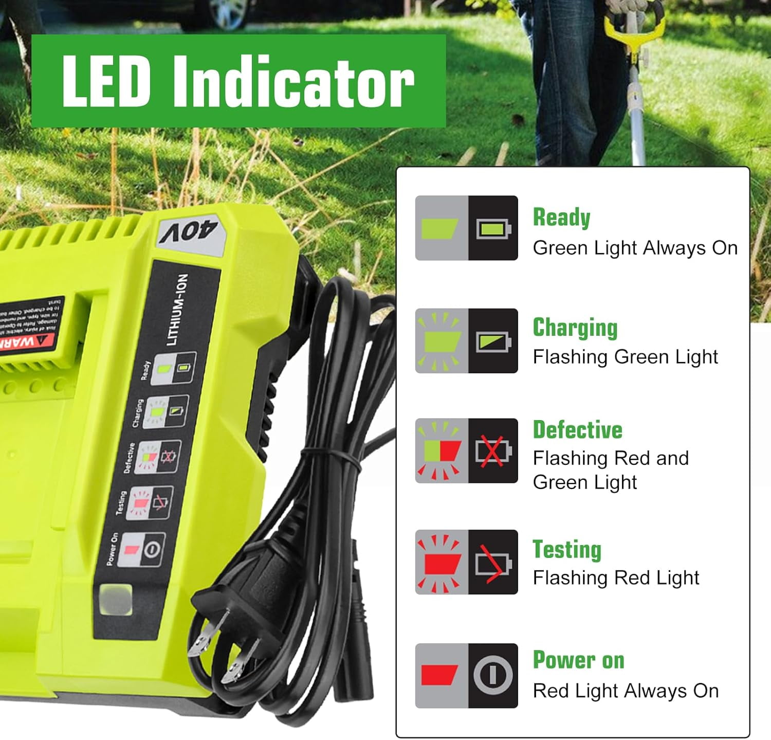 2Pack 8.0Ah Replacement for Ryobi 40V Battery Lithium Ion and OP401 Charger Compatible with Ryobi 40 Volt Battery OP4026 OP4050A OP4040 OP4030 OP4050 Replacement for 40v OP401 Charger (Green-3P)