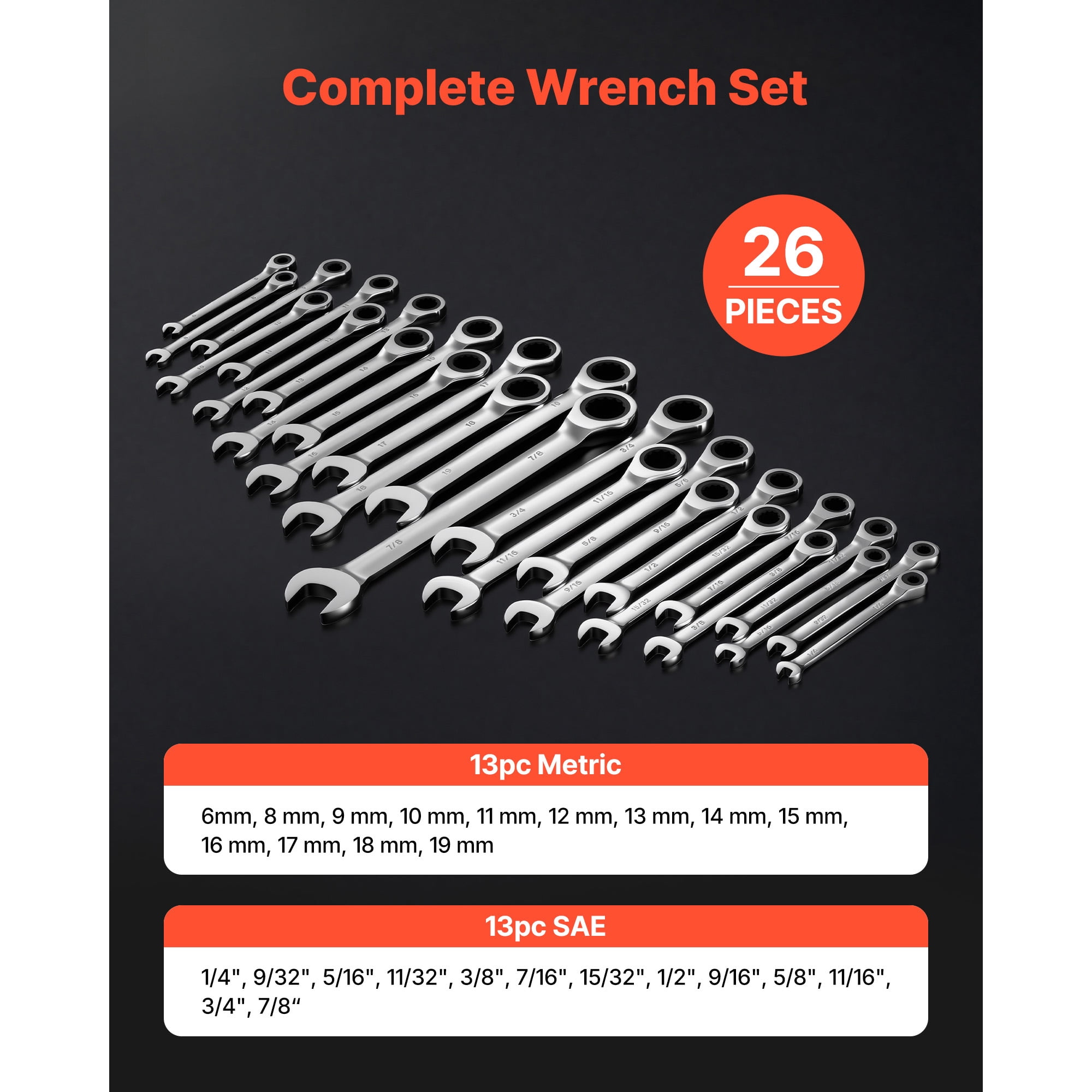KFFKFF 26-Piece SAE and Metric Ratcheting Wrench Set, 72-Tooth Cr-V Steel Tools with Organizer Rack, Open-End Design, Clear Size Markings, Ideal for Household and Automotive Repairs, Silver