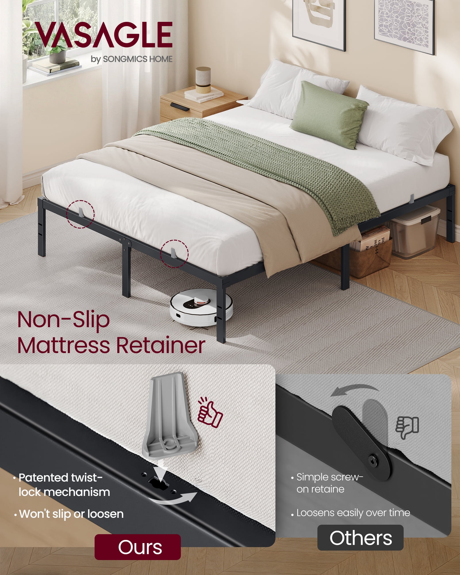 VASAGLE Queen Metal Bed Frame 14 Inches Tall, 1100 lb Weight Capacity, No Box Spring Needed, Under-Bed Storage, Easy Setup, Matte Black