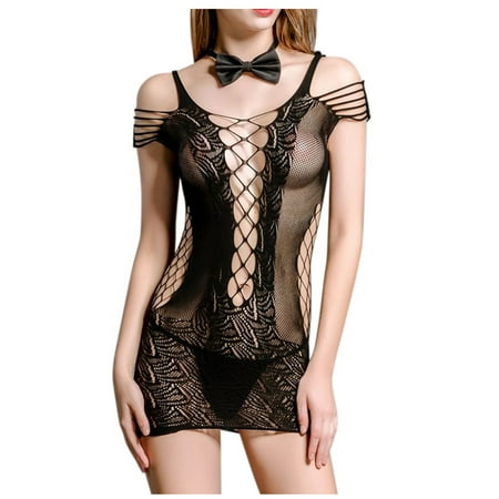 

Zuwimk Lingerie For Women Plus Size Lingerie for Women Front Closure Babydoll Lace Chemise V Neck Ruffle Nightgown Sleepwear Black One Size