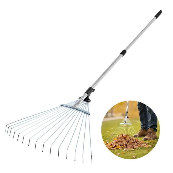 VEVOR Leaf Rake, 15 Metal Tines, Adjustable Garden Rake for Lawns with 7.5-22.4 Inch Wide Head & 32-63 Inch Long Handle, Heavy Duty Stainless Steel Small Leaves Tool for Gardening Camping Yard Grass