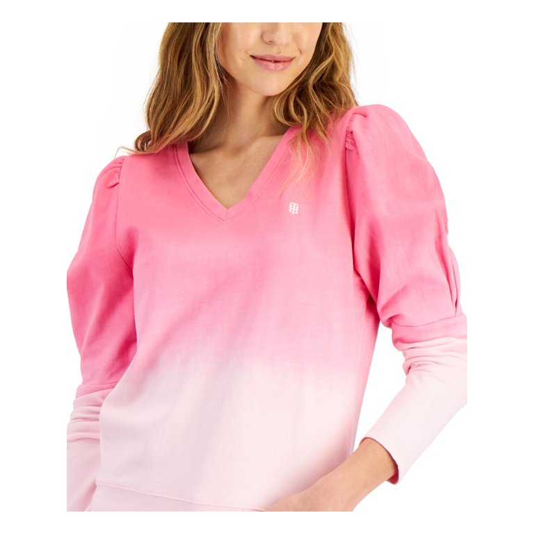 S Pink Womens Neck TOMMY HILFIGER Top Ombre Sleeve V Long Gathered Ribbed