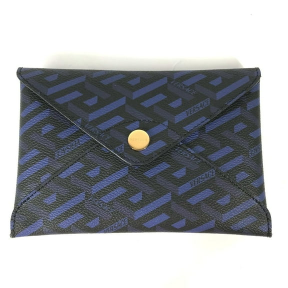 Pre-Owned VERSACE Greca Clutch Bag Pouch Leather Women's Blue (Good)