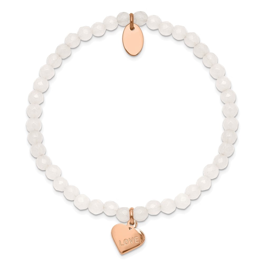 Diamond2Deal Stainless Steel Polished Rose IP-Plated LOVE Heart 4mm Jade Beaded Stretch Bracelet for Women 6.25"