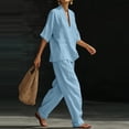 thumbnail image 6 of Domzest Linen Sets for Women V Neck Short Sleeve Shirt Matching Wide Leg Pants Summer Lounge Set Vacation Outfits Pocket Light Blue S, 6 of 6