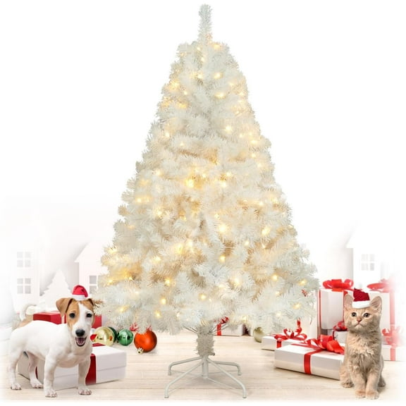 CAPHAUS 4.5 Feet Artificial White Christmas Tree w/ 432 Tip Count, 200 LED Lights, Pre-Hinged, with Metal Stand, White Flat Shaped Leaves, for Indoor, Office, Party, Holiday Decoration