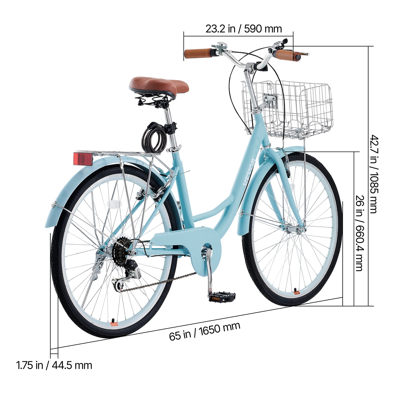 VEVOR Cruiser Bike, 7-Speed, 26-Inch Light Blue Beach Cruiser Bike with Large Capacity Basket and Rear Rack, Secure & Sturdy Cruiser Bike with Adjustable Seat, Fits for Cycling, Exercise & Shopping