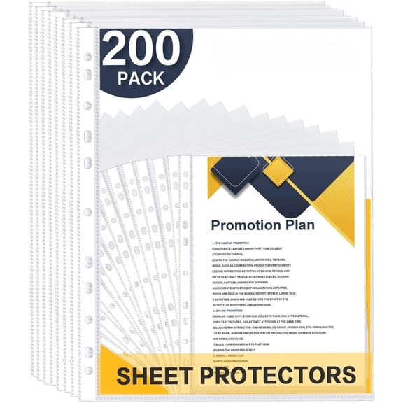 200 Pcs Plastic Page Protectors Sheet Reinforced 11-Hole Fit for 3 Ring Binder Fits Standard 12 x 9.25 Paper, Polypropylene, Clear