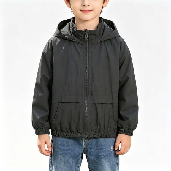 Boys Long Sleeve Solid Color Rain Coat Lightweight Hooded Raincoats Kids Outdoor Windbreaker Casual Jackets with Pockets Dark Gray 4-5 Years