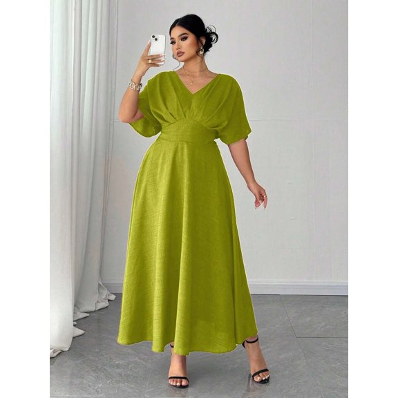 Womens Green V-Neck Short Sleeve Casual Midi Dress