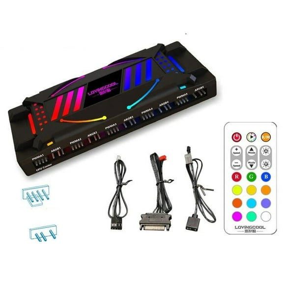 PWM Fan Hub for 5V Addressable ARGB Computer PC Case Fan PWM 1 to 9 Ports Magnetic Fan Hub Splitter with Remote SATA Power Supply White