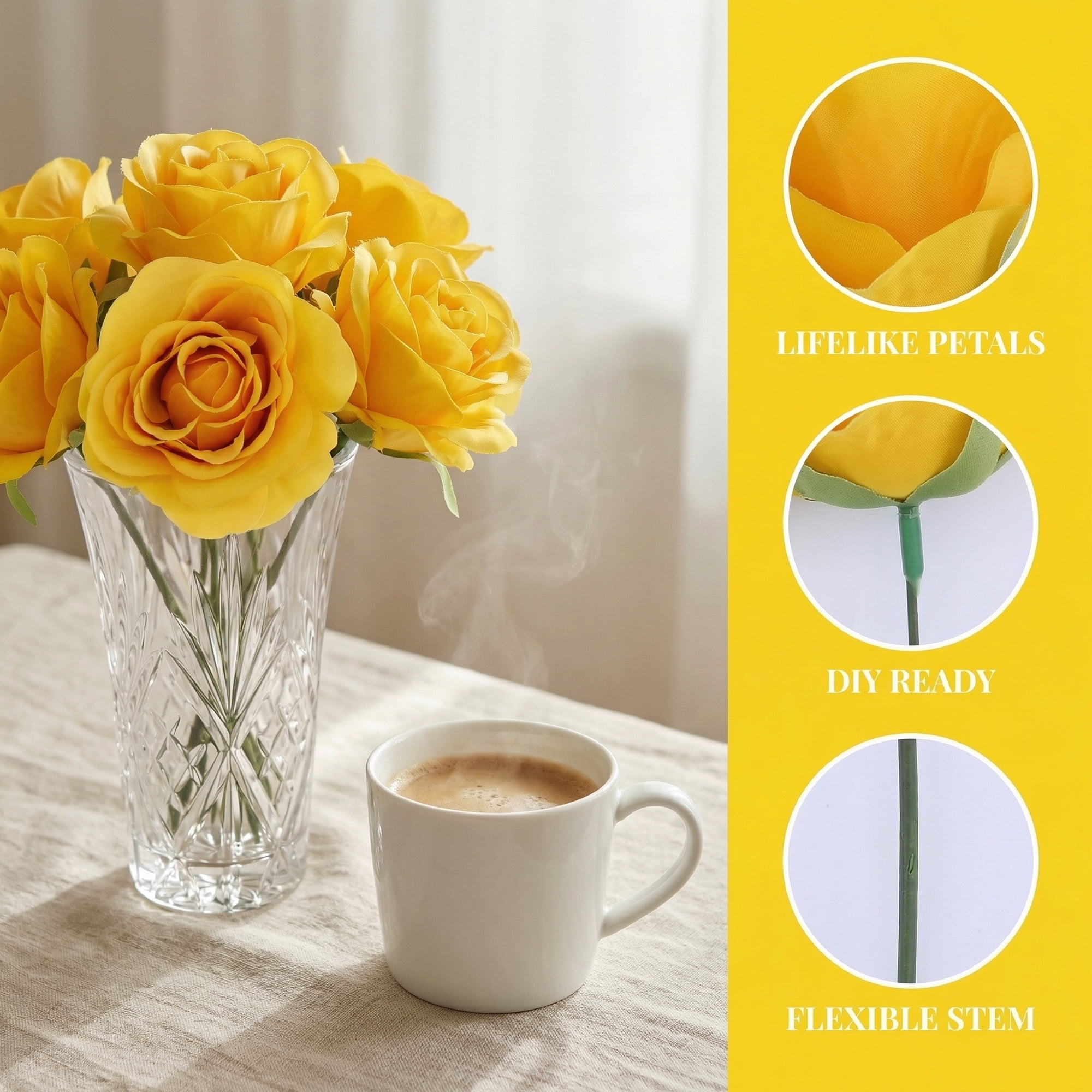 Unique Bargains Mini Craft Artificial Silk Roses Detachable Head Bouquet Yellow 5.9 in