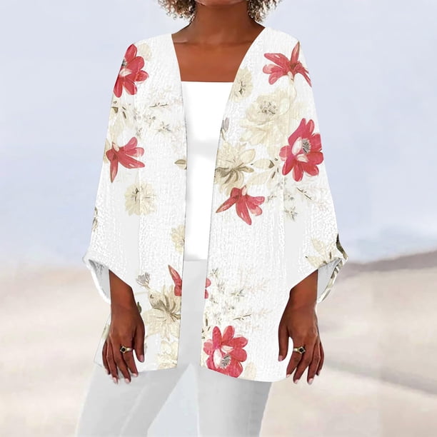 Cárdigan informal para mujer, manga 3/4, estampado, holgado, blusa de poliéster