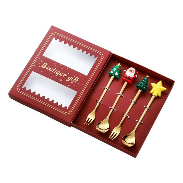 RONSHIN 4pcs Christmas Stainless Steel Spoons Forks Xmas Tree Santa Star Dessert Spoons Forks Stirring Spoons Coffee Bar Accessories With Gift Box For Christmas