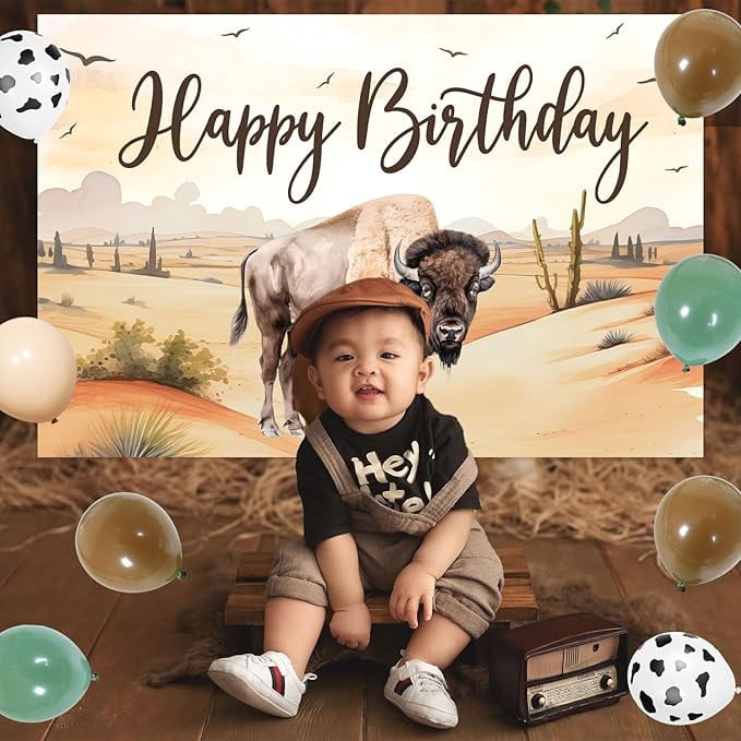 Buffalo Party Decorations, Bison Themed Party Decor with Bison Happy Birthday Backdrop Cow Brown Green Balloon Garland Arch Kit for Highland Cow Baby Shower Party Decor Supplies