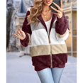 thumbnail image 4 of Womens Winter Fuzzy Fleece Jacket Hooded Color Block Patchwork Cardigan Coats Outerwear with Pockets Wine Red XL, 4 of 9