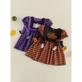 thumbnail image 3 of RUINIXCW Toddler Baby Girl Halloween Dress Outfit Little Baby Girl Summer Fall Plaid Dress Funny Ghost Pumpkin Bows Casual Short Sleeve A Line Dress, 3 of 9