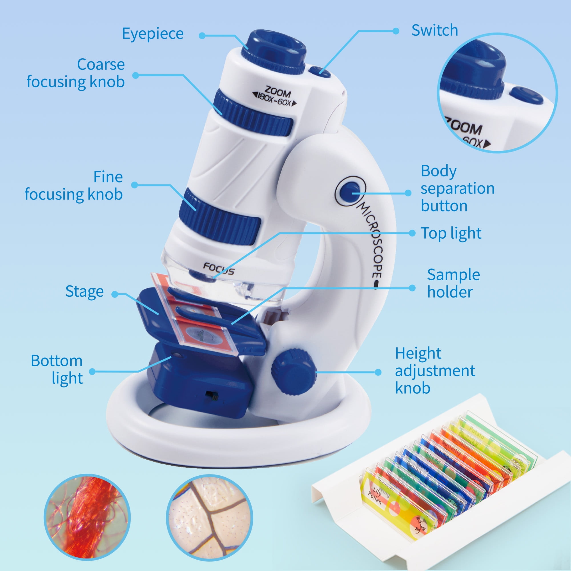 Klever Kits 2 in 1 Portable Microscope with 12 Slides, 60X