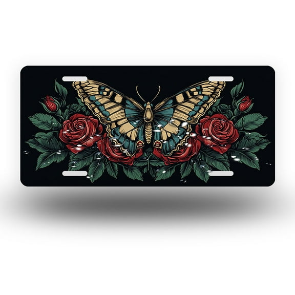Rose framed Butterfly Front License Plate,Metal License Plate,Funny Standard Plates Personalized Novelty Decorative For Men/Women/Boys/Girls Car 6×12 Inch