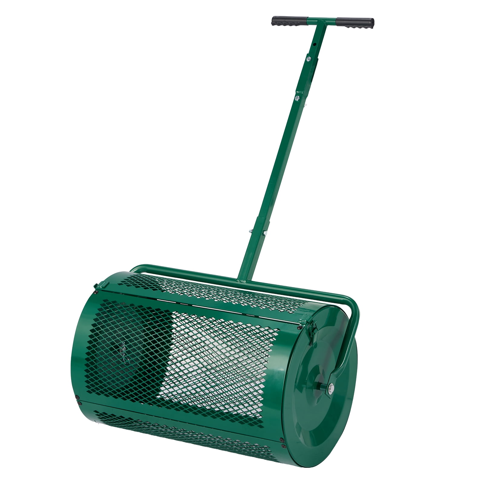24In Adjustable Handle Compost Peat Moss Spreader Lawn Garden Topdressing Roller Powder Coated Steel Mesh Basket Side Latches Green Rustproof for Manure Topsoil Heavy Duty Outdoor Use Farm Backyard