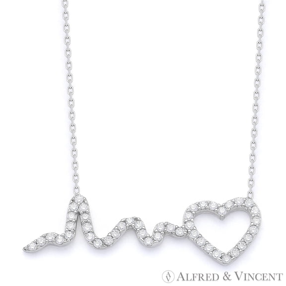 Heartbeat Lifeline & Heart Charm CZ Pendant & Chain Necklace in .925 Sterling Silver