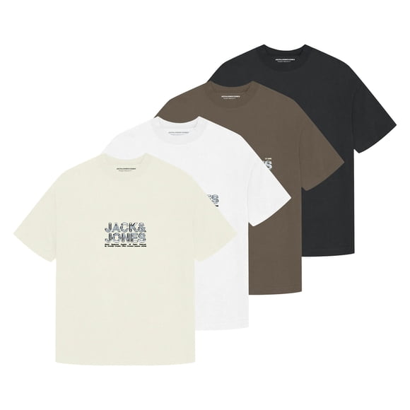 JACK&JONES Men's T-shirt, 4-pack - JCODYNAMIC BRANDING TEE CREW 4PK, cotton blend White/Black/Beige/Dark Green M (Medium)