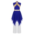 thumbnail image 4 of Haitryli Kids Girls Lyrical Praise Dance Dress Sleeveless Metallic Asymmetrical Overlay Tunic Worship Church Robe and Pants Set Blue White 10, 4 of 6