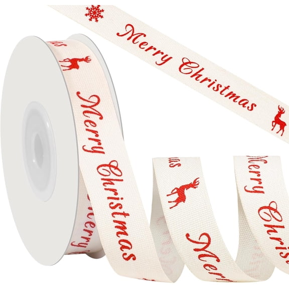 Merry Christmas Ribbon 5/8" X 12 Yards Cotton Ribbon with Red Merry Christmas Snowflake and Elk, White Gift Ribbons for Gift Wrapping Tree Wreath Crafts Holiday Home Decorations