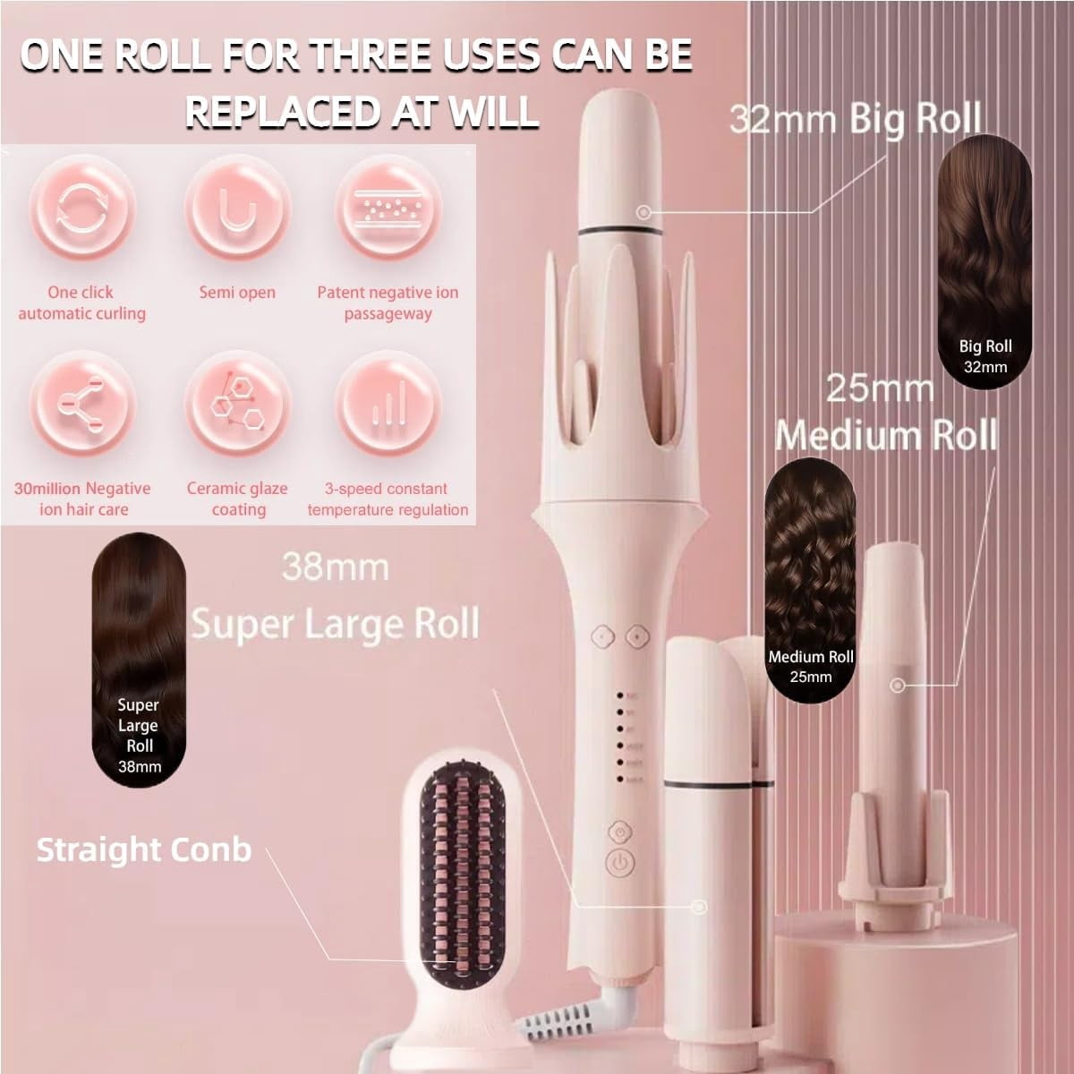 CNV Auto-Rotating Curling Iron with 3 Barrels & Straightener Comb, Anti-Scald, 3 Temp Settings, Travel-Friendly Pink