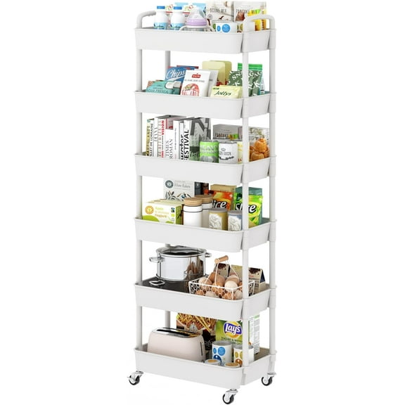 6-Tier Plastic Rolling Utility Cart with Handle, Multi-Functional Storage Trolley for Office, Living Room, Kitchen, Movable Storage Organizer with Wheels, White