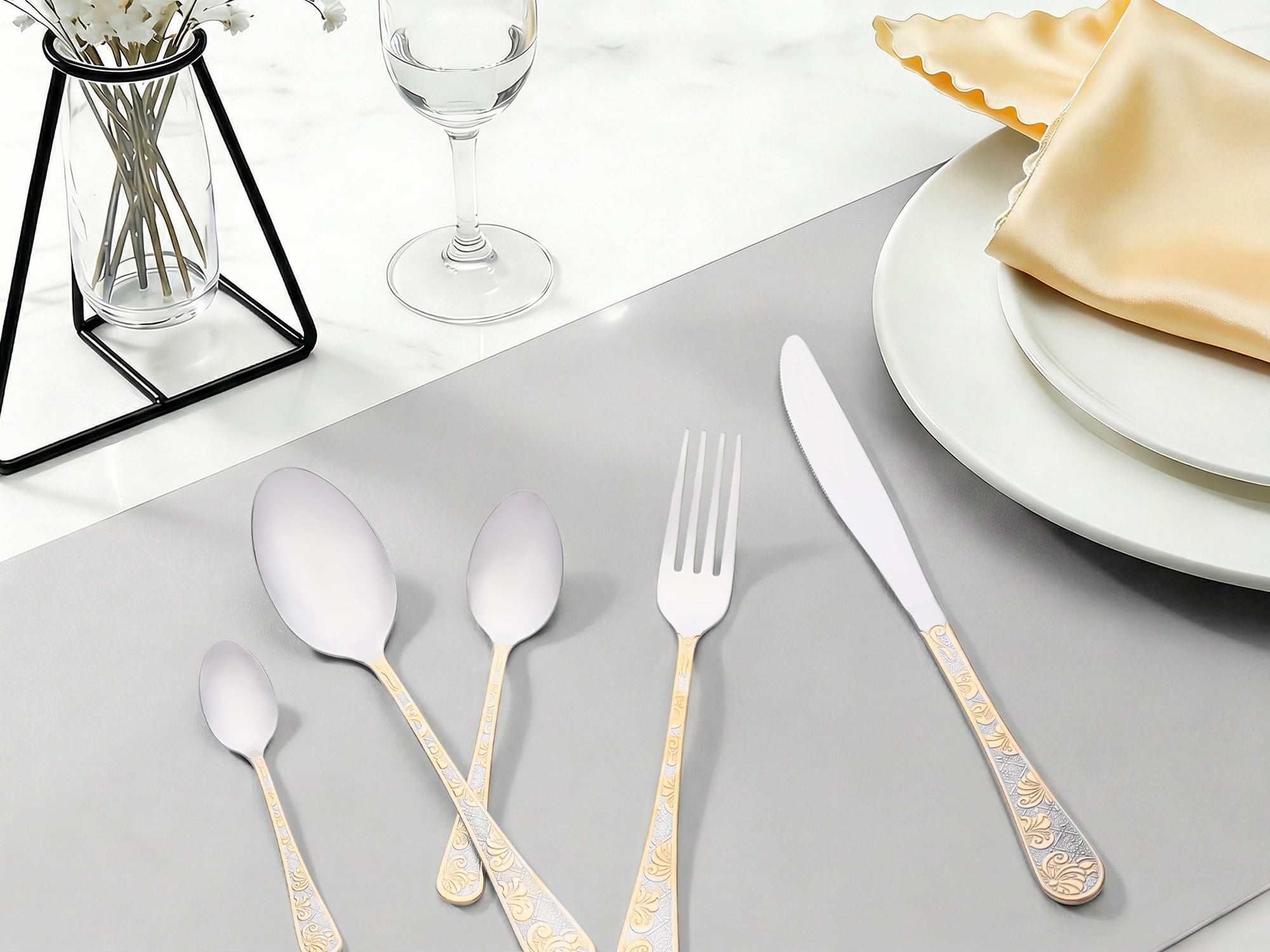 Unique Bargains 20 Piece Silverware Set Stainless Steel Floral Flatware Silver/Gold 20