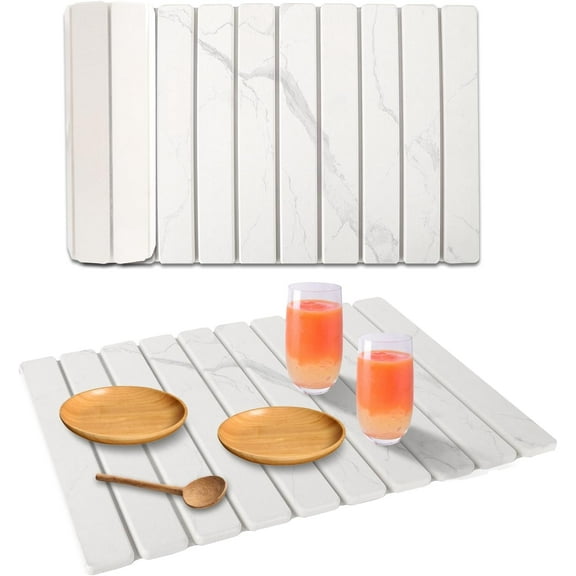 Stone Dish Drying Mat for Kitchen Counter, 24''×15'' White Marble Dishes Drying Matt Kitchen Counter, Absorbent Diatomaceous Earth Bath Quick Dry Mats for Tableware, Bottles and Cup