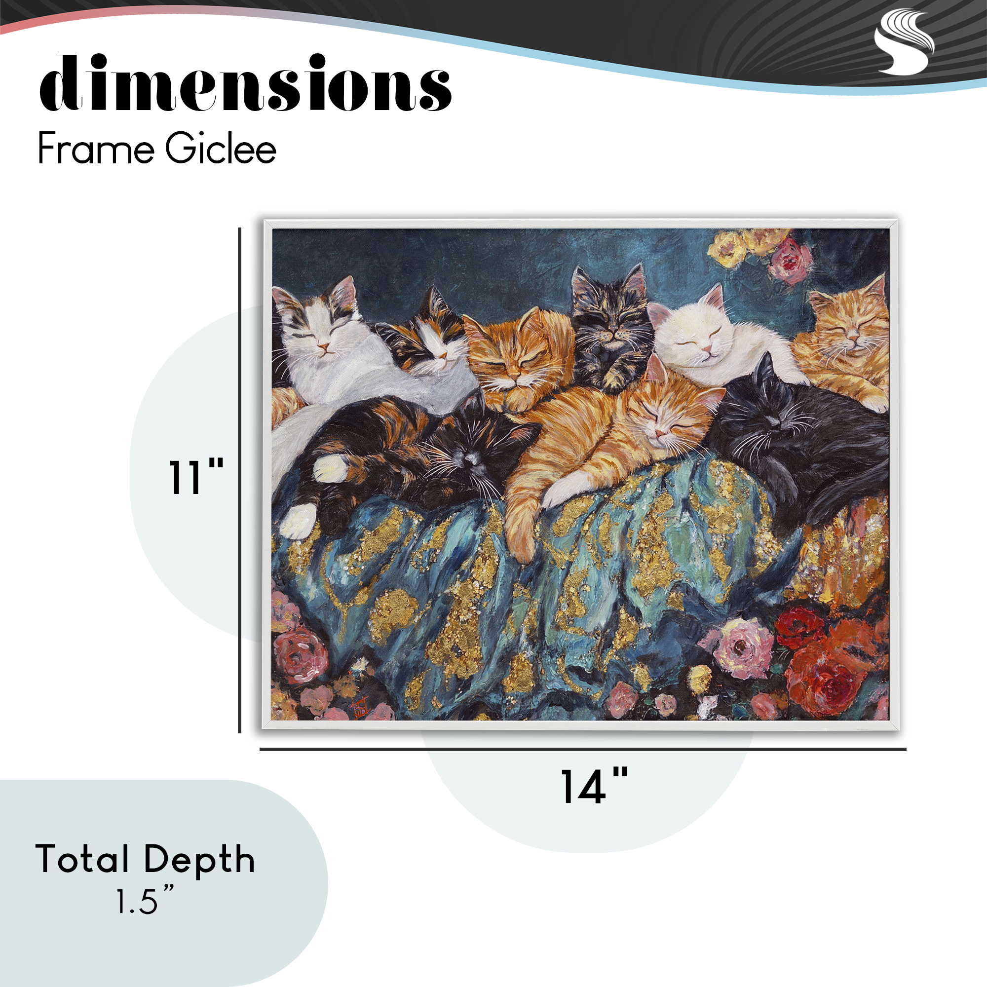 Sleepy Kitty Crowd with Flowers White Framed Giclee Art, design by Sara Culpepper