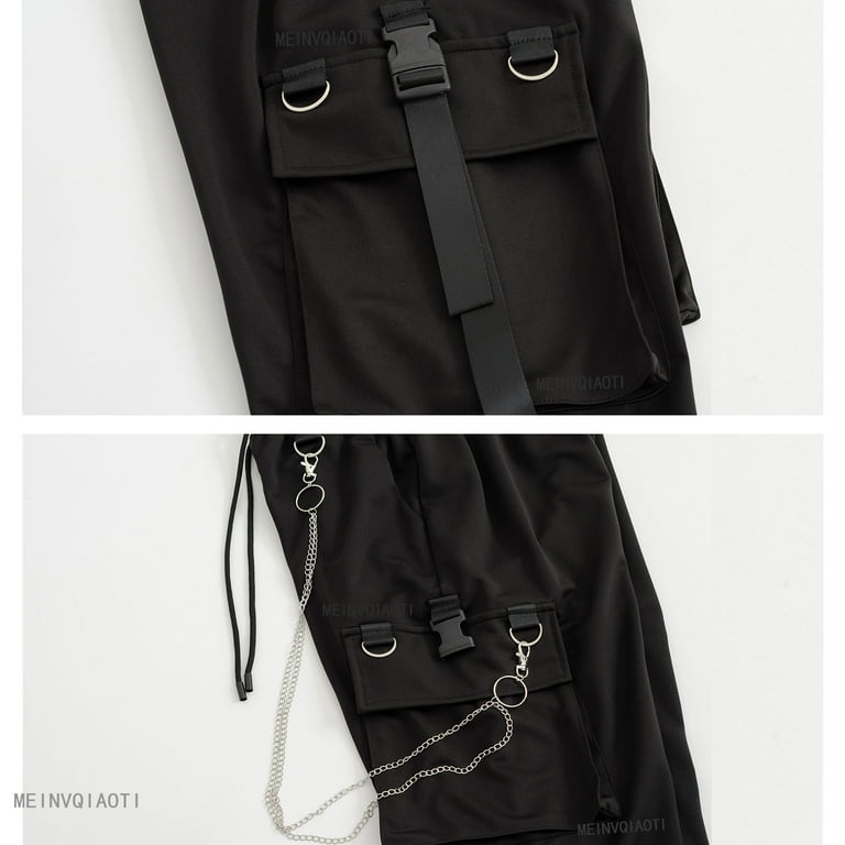 Women's Baggy Black Cargo Pants with Chain, Techwear, Loose Women's Baggy Black Cargo Pants with Chain, Techwear, Loose