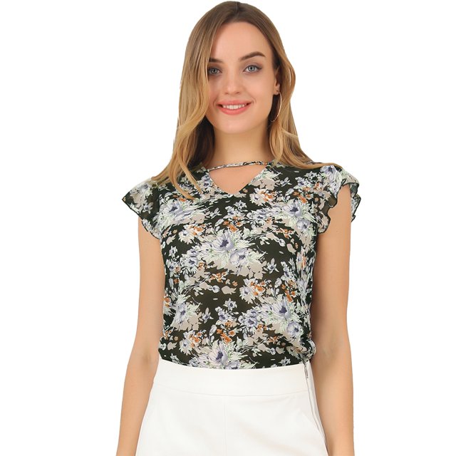 Allegra K Blusa Floral Informal Cuello V Mangas Casquillo Con Volantes Para Mujer Negro S Unique Bargains Blusa