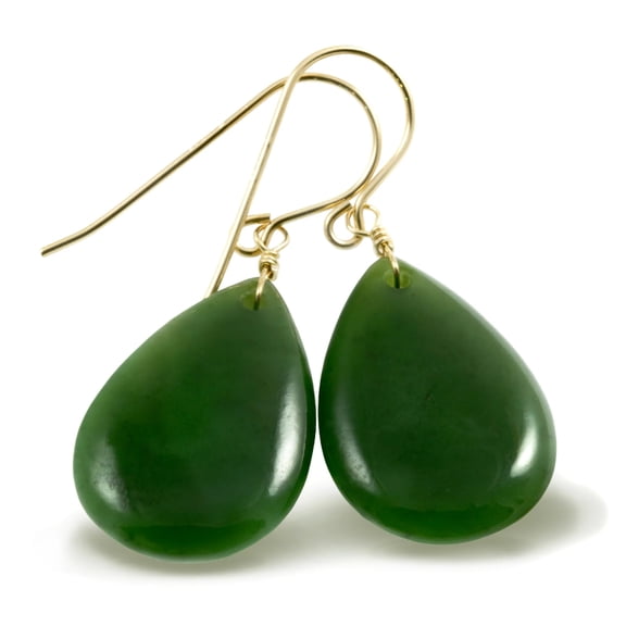 Spyglass Designs 14k Gold Filled Green Jade Earrings Nephrite Smooth Wide Teardrops Womens