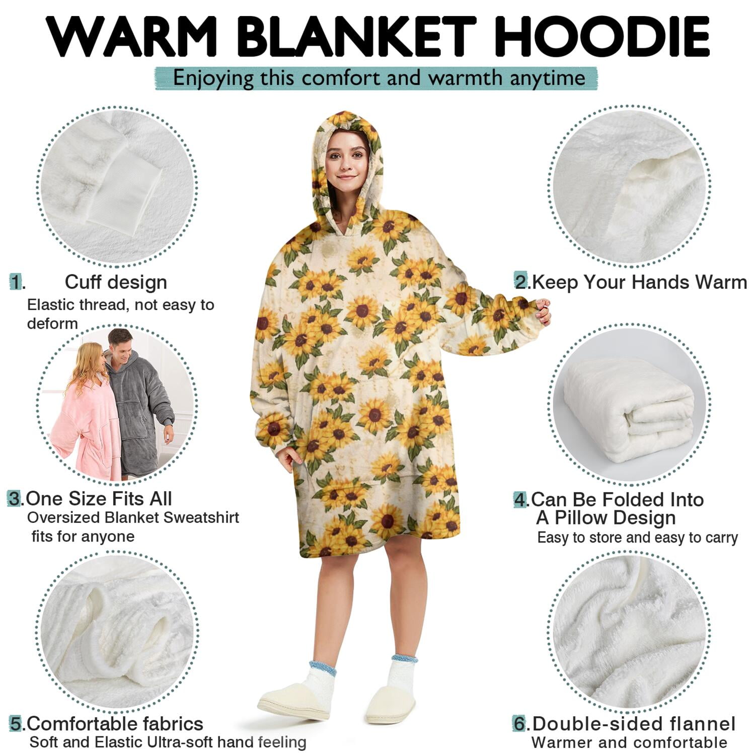 Beige Sunflower Cluster Pattern Wearable Oversized Blanket,Wearable Blanket Hoodie for Adults,Cozy Hooded Blankets with Super Pockets,Super Warm Fuzzy Pullover for Women & Men