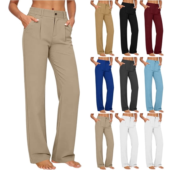 QSXADF Women's Yoga Pants Athletic Straight Leg Pants Solid Athletic Casual Fashion Button Elastic Waist Pleated Pocket Tight Yoga Full Length Women's Pants