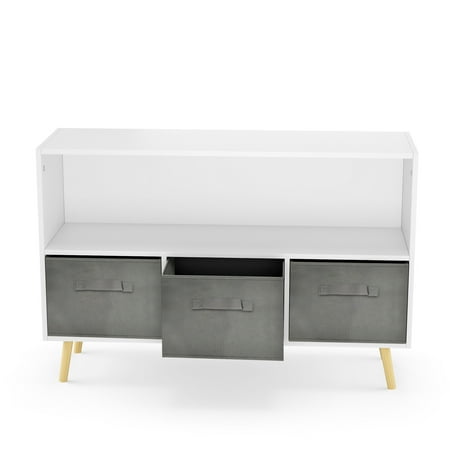 Kids Storage Organizer with 3 Collapsible Fabric Drawers Storage Cabinet with Bookcase and Spacious Top Shelf Toddlers Playhouse Cabinet Shelf for Playroom Nursery Kids Room School grey