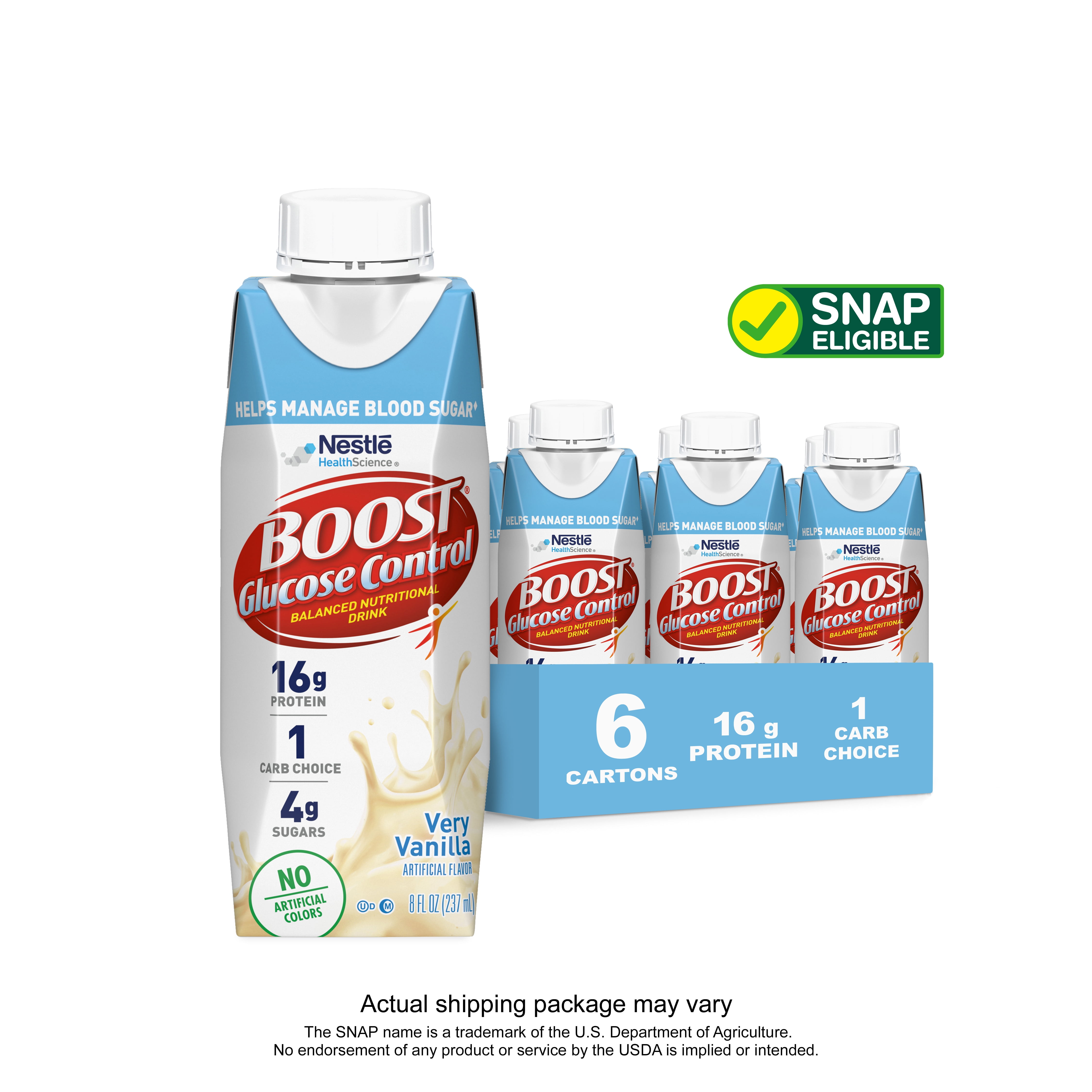 BOOST Glucose Control Nutritional Drink, Very Vanilla Nutritional Shake, 16 g Protein, 6 - 8 fl oz Cartons