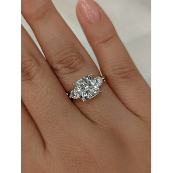 SOLITAIRE JEWELS 3.1Ct Cushion Moissanite Diamond 3 Stones Engagement Solitaire Ring for Women Solid 10k Yellow Gold