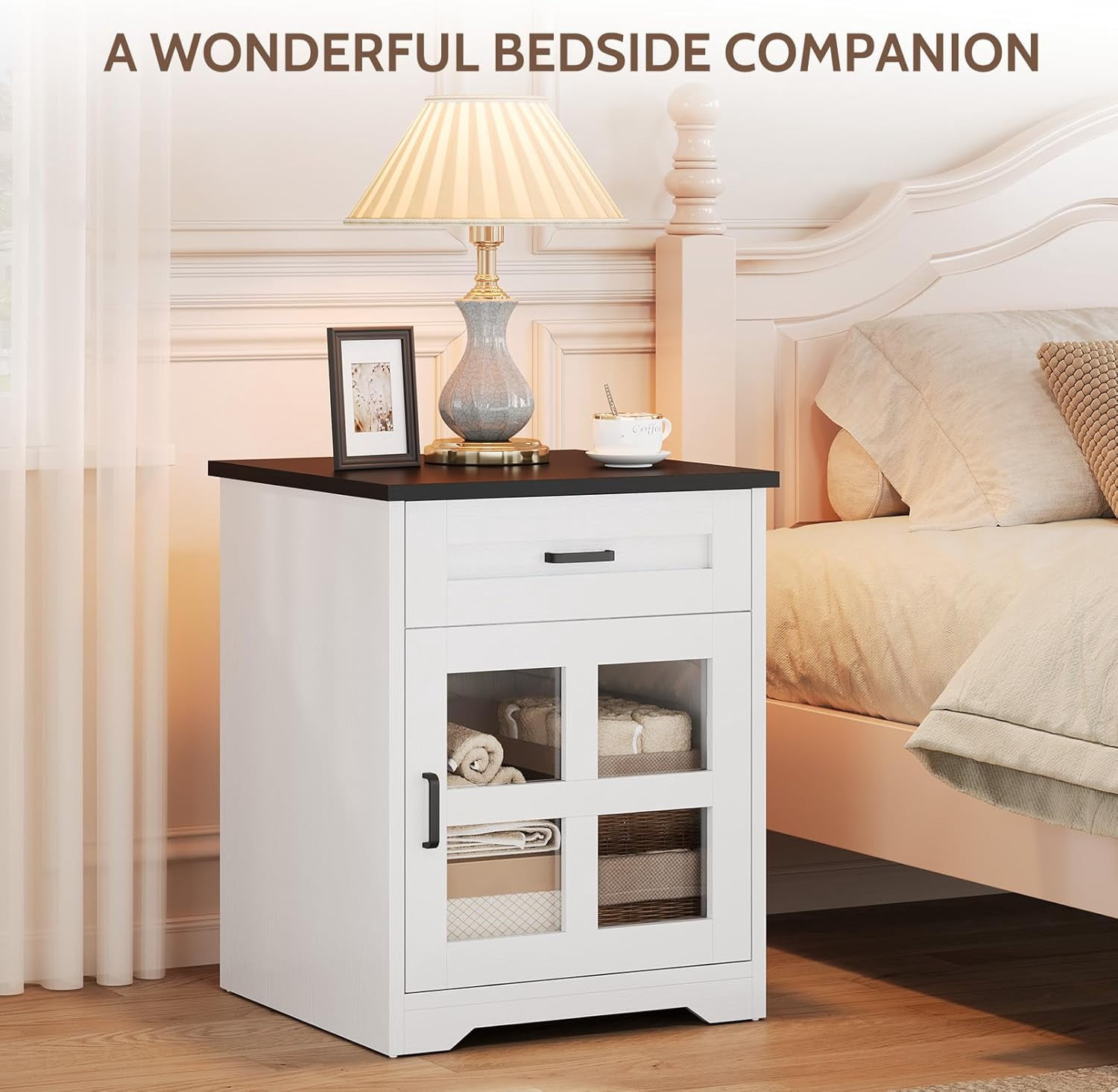 Vividwood Farmhouse End Table with Drawer and Storage Cabinet, 18" Large Side Table Nightstand with Acrylic Door for Living Room, White