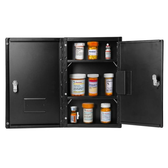 VivaComfort Medium Black Double Door Narcotics Cabinet, Locking Medicine Cabinet, 14.5” H x 9.5” W x 4” D