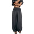 thumbnail image 2 of Women's Flowy Linen Palazzo Pants Shirred Sheer High Waisted Wide Leg Beach Trousers with Pockets Gray 2XL, 2 of 6