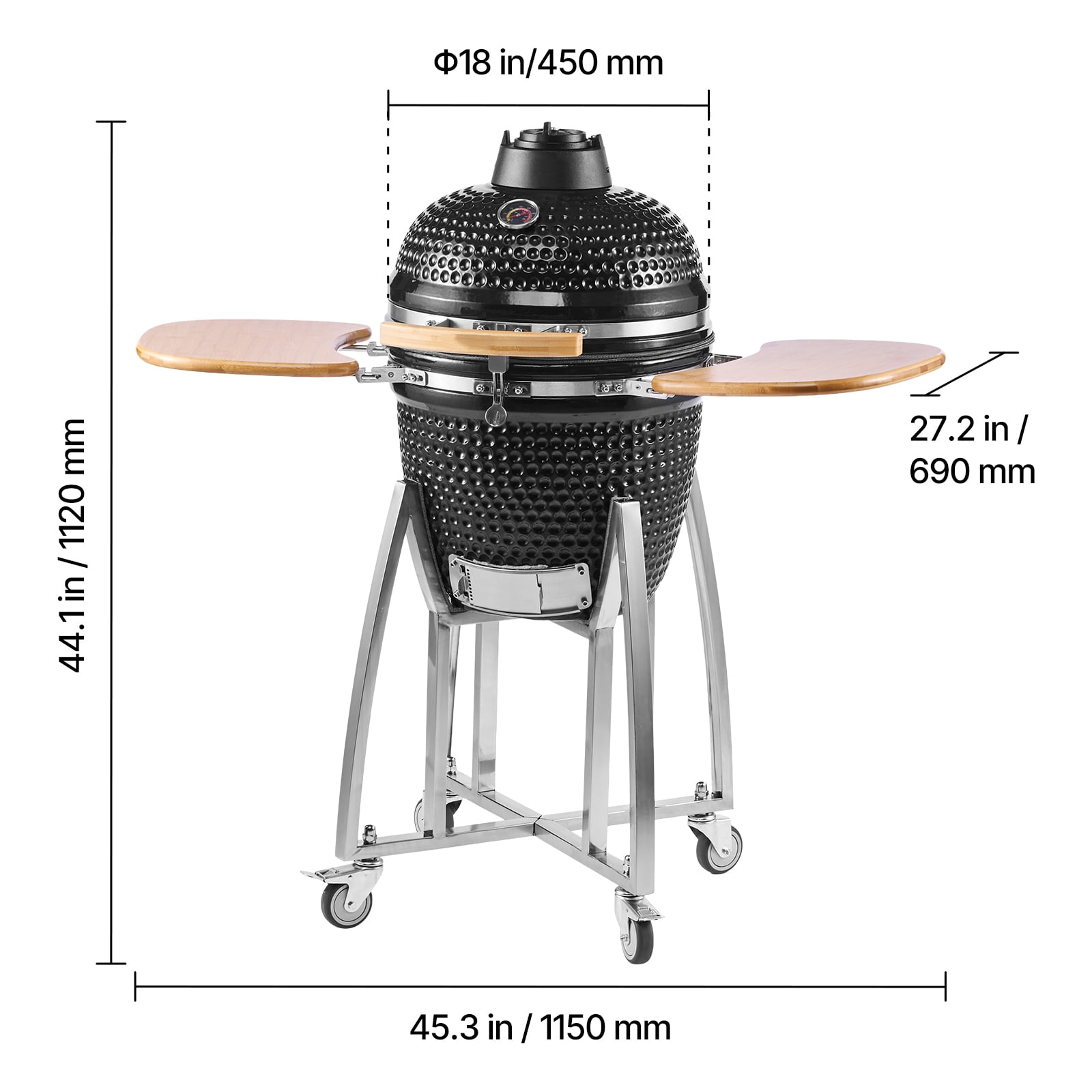 KFFKFF 18" Charcoal BBQ Smoker and Grill, Portable Ceramic Barbecue with Wheels, Built-in Thermometer, and Side Shelves for Outdoor Cooking