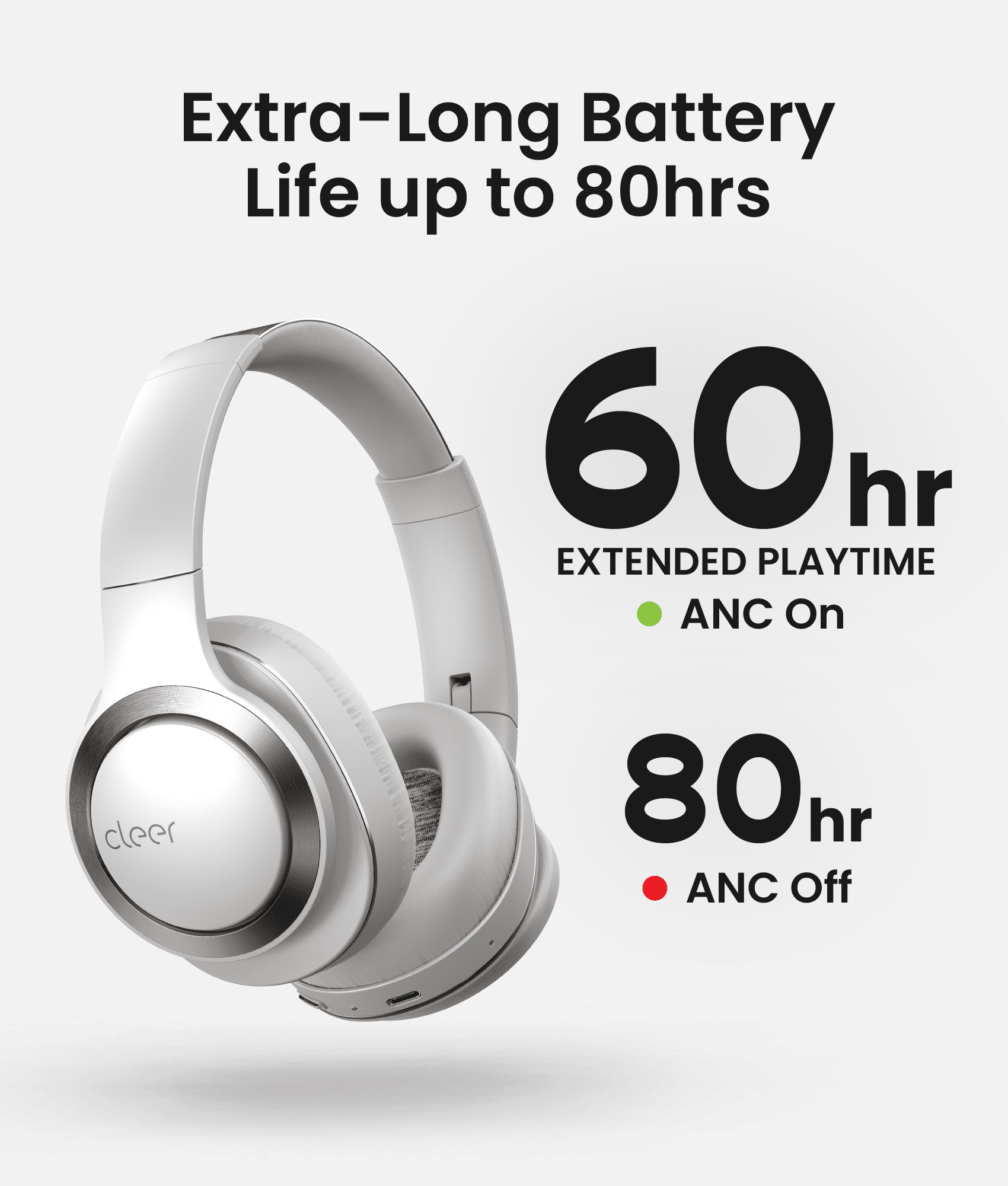 Cleer Enduro ANC Bluetooth Headphones, Noise Cancelling, 60 Hours Playtime, Hi-Res Audio, Light Grey