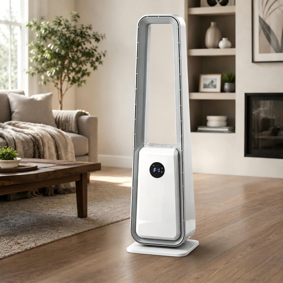 Fehomix 35" Bladeless Tower Fan with Air Purifier, Quiet Oscillating Cooling Fan for Bedroom & Office, Remote Control, LED Display & 12H Timer, Safe for Kids & Pets, White