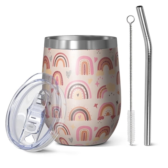 12oz Stemless Wine Tumblers Pink Boho Bohemia Rainbows Hearts Stars Pattern Vacuum Insulated Stainless Steel Travel Tumbler Cups Mug with Lid and Straw for Champaign,Cocktail,Beer with Cleaning Brush