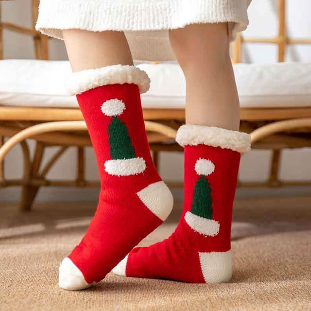 Chaussettes Rouges Femmes Chaussettes Pantoufles Duveteuses Hiver Thermiques Flocon de Neige Polaire Bas de Noël Moelleux Chauds Intérieur Maison Chaussettes